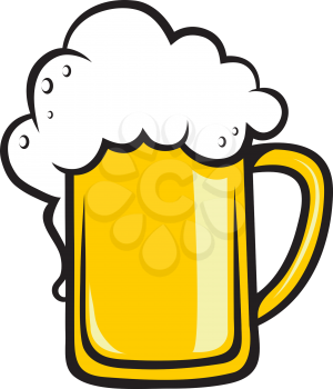 Frothy tankard of golden beer with a good head of froth overflowing the glass, isolated on white