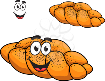 Gourmet plaited crusty loaf of bread with poppy seed and a happy smiling face in cartoon style