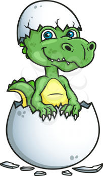 Cute little green dinosaur or dragon hatching from an egg shell, cartoon illustration on white
