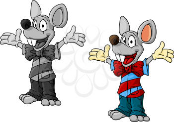 Happy cartoon mouse characters in clothes waving their arms and laughing, one in color and one greyscale, cartoon illustration on white