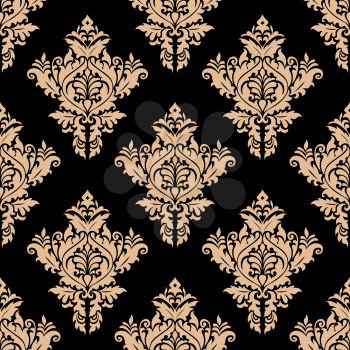Seamless bold beige colored floral arabesque pattern in damask style motifs suitable for wallpaper, tiles and fabric design isolated over black colored background