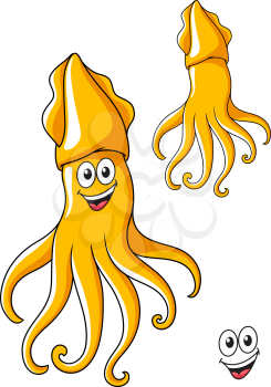 Colorful smiling cartoon squid with curling tentacles isolated on white for sealife design