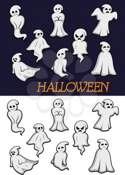 Different cartoon Halloween ghosts in flowing robes on a white and dark background in different poses with different expressions