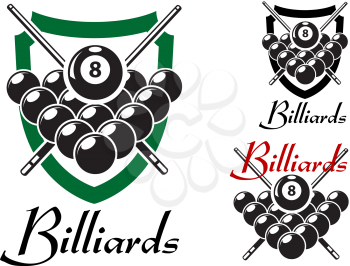 Set of billiards labels or emblems with crossed cues over racked balls for an 8 ball game, two in shields with the text Billiards, isolated on white
