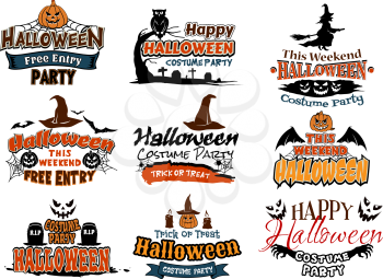 Colorful set of Happy Halloween designs with various text decorated with witches, bats, owl in a tree, graveyard, jack-o-lanterns, ghosts and tombstones