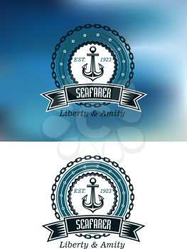 Seafarer badges or emblems in nautical blue with a ships anchor in a circular frame and chain with a banner and text Seafarer Liberty and Amity, on a blue and on a white background
