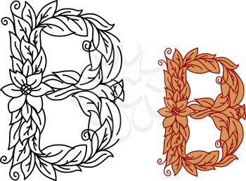 Uppercase or capital alphabet letter B in floral and foliate font with swirling vine tendrils for organic, eco and medieval design in a black vector outline and a red brown color variation