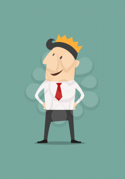 Cartoon businessman wearing a crown in a concept of success, achievement and promotion, vector illustration
