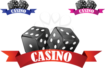 Casino emblem or badge with two dice over a red ribbon banner with the word Casino isolated on white background