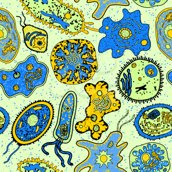 Cartoon colorful amebas, amoebas, microbes, germs bacillus or microbial lifeforms seamless background pattern. For science, biology or medicine design