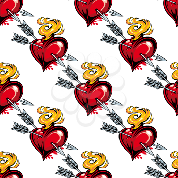 Seamless background pattern of red valentine hearts, arrow and fire