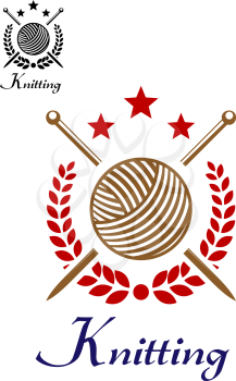 Hand knit or knitting retro emblem with yarn ball, sticks, stars and laurel wreath