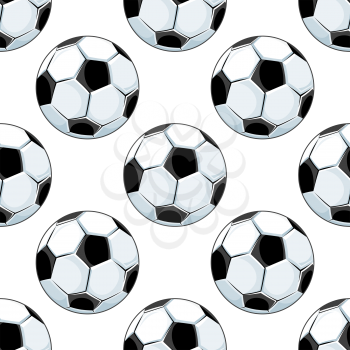 Seamless background pattern of black and white footballs or soccer balls in square format with a repeat motif for sporting design