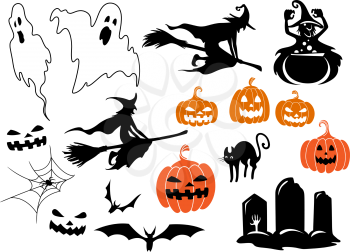 Halloween themed characters and design elements with ghosts, pumpkins, bats, cat, spider, witch