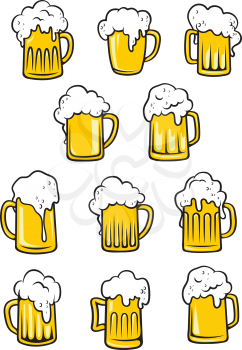 Vector tankards of beer with frothy heads overflowing the glass in different shapes, vector illustration on white