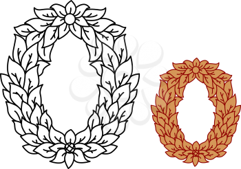 Uppercase alphabet letter O in a leaves and flowers vector design for organic, eco and bio concepts in black and white and brown variants