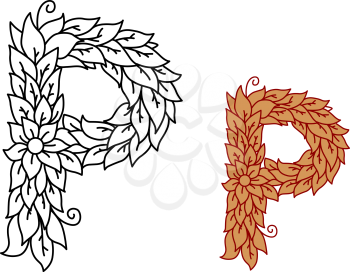 Uppercase letter P in a foliate font with leaves and a flower for eco, bio or organic themed concepts in black and white and a brown variant, vector illustration isolated on white