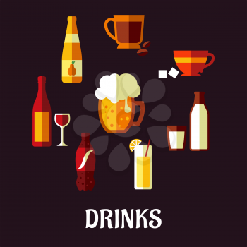 Drinks and beverages flat icons showing silhouettes of a wine bottle and glass, beer, coffee, tea, milk bottle and glass, orange juice and a soft drink soda on a black background, vector illustration