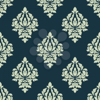 Classic damask seamless pattern with a large floral motif in blue on darker blue in square format suitable for wallpaper and fabric design