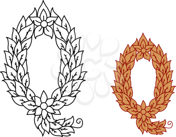 Uppercase letter Q in a foliate font with leaves and a flower for eco, bio or organic themed concepts in black and white and a brown variant, vector illustration isolated on white