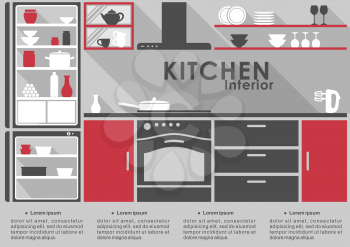 Kitchen Interior flat design in gray and red with long shadows with space for infographic text showing a fitted kitchen with applinaces, kitchenware on shelves and cabinets