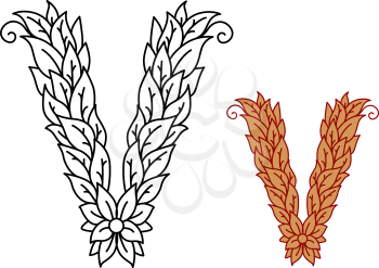 Uppercase letter V in a foliate font with leaves and a flower for bio or organic themed concepts in black and white and a brown variant, vector illustration