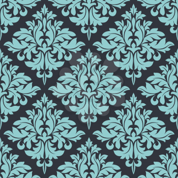 Blue on grey floral damask seamless pattern. For wallpaper or textile design