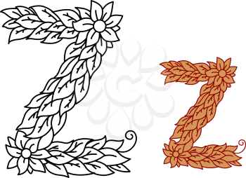 Uppercase letter Z in a foliate font with leaves and flower isolated on white, vector illustration