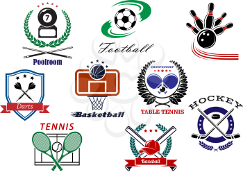Sporting logo and emblems for football or soccer, tennis, darts, ice hockey, basketball, billiard, bowling, baseball with heraldic shield, laurel wreaths, stars and ribbon banners