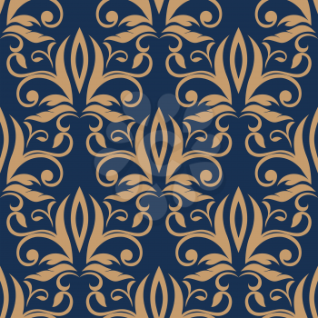 Light brown flourish motif in seamless pattern with ornately decorated densely packed flowers, leaves and tendrils on dark blue background for wallpaper and fabric design