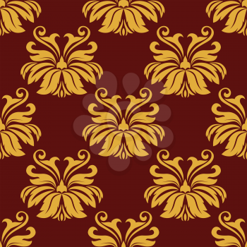 Yellow foliate seamless pattern with lush leaves scrolls in baroque style on maroon background for luxury wallpaper and fabric design