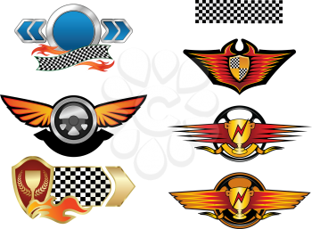Racing sports emblems and symbols with checkered flag, fire flames, wings and trophy cups