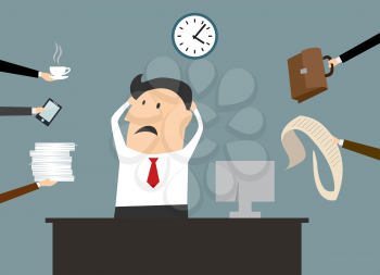 Cartoon busy sad businessman character in flat style with hands on head trying to cope with too much tasks and paperwork