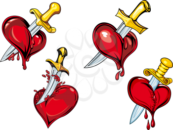 Bleeding hearts with daggers in cartoon style for tattoo and broken heart concept design