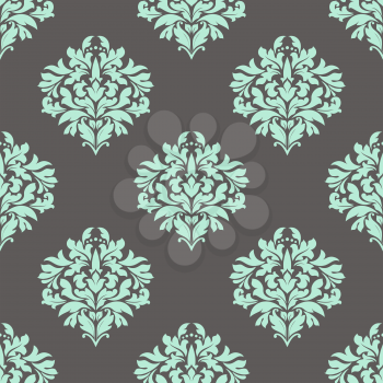 Seamless foliate pattern with damask ornament of lush leaves composition desorated  swirls and dots in gray and cyan colors