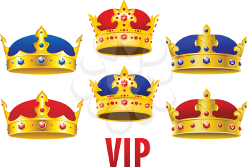 Gold royal crowns inlaid colorful jewels with red and blue velvet in cartoon style for heraldry or VIP concept design