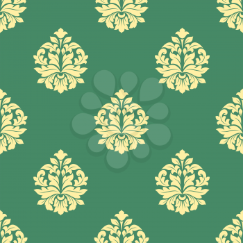 Seamless sparse yellow flowers pattern with bold leaves and dainty buds on green background