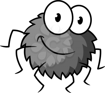 Cartoon funny gray little spider character with thin legs, hairy body and big eyes isolated on white