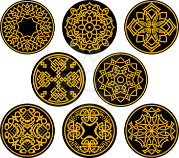 Decorative round assorted intricate patterns in yellow in medieval celtic style