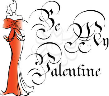 Be my valentine greeting card with vintage intricate text and silhouette of woman in elegant long red dress in outline sketch style