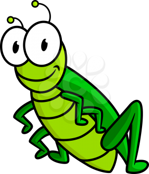 Funny bright green grasshopper cartoon character with big googly eyes and small antennas isolated on white background for children's design