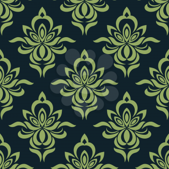 Damask style seamless pattern of abstract orchid flowers with dainty petals in shades of green suitable for fabric or background design