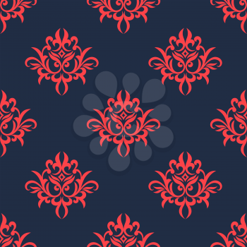Vintage foliate seamless pattern in victorian style with elegant red pointed leaves scrolls on dark blue background suited for upholstery fabric or hangings design