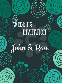 Green floral wedding invitation card with dark and light flowers in retro style