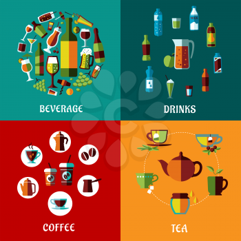 Drinks and beverages flat compositions for cafe, restaurants and menu design with alcohol, juice, coffee and tea icons