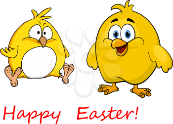 Cute little yellow cartoon Happy Easter chicks one standing smiling and one sitting