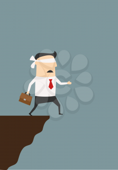 Conceptual cartoon blindfolded businessman holding his briefcase about to fall from the cliff