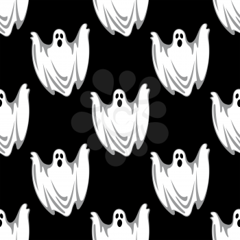 Flying scary ghosts seamless pattern in cartoon style on black background suited for Halloween party decor design