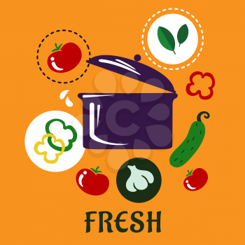 Fresh healthy food cooking flat concept depicting pan with pictograms of whole tomatoes, garlic, cucumber, yellow and green bell pepper slices and spicy herbs on orange background with caption Fresh 