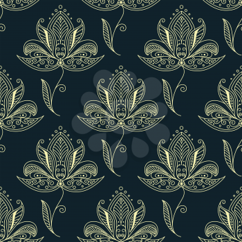 Dainty yellow flowers in persian style seamless pattern with swirls, waves and dots on dark green background suited for oriental interior design